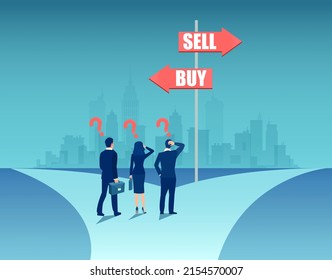 Vector of confused business people standing at crossroads with buy sell signs 