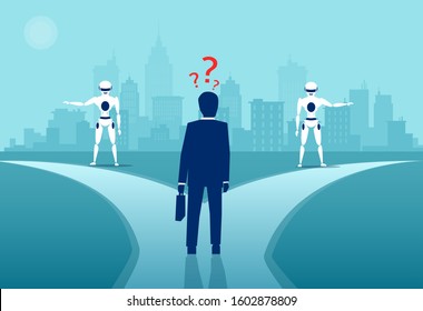 Vector of a confused businessman standing at technology crossroads  