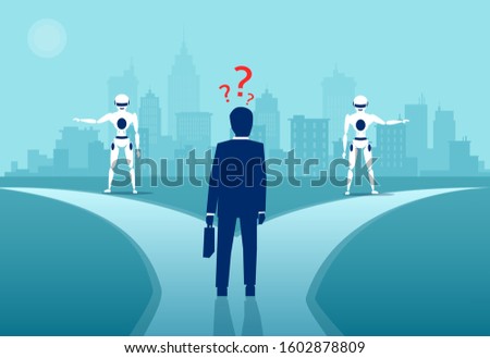 Vector of a confused businessman standing at technology crossroads  
