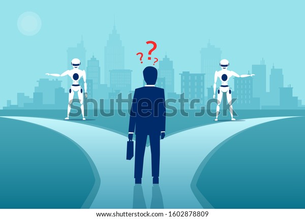 Vector of a confused businessman standing at technology\
crossroads  