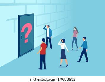 Vector of confused people standing in front of a closed door with question mark sign