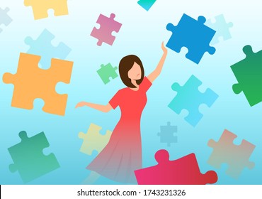 Vector of a confused sad woman trying to assemble puzzle pieces. Psychotherapy concept.