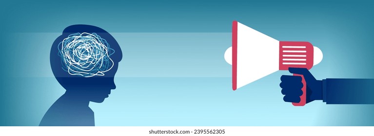 Vector of a confused sad young boy being influenced by an adult making an announcement through megaphone 