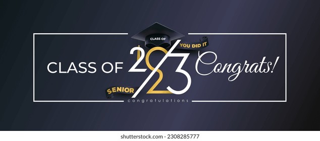 Vector Congrats you did it. Class of 2023 handwritten typography lettering line design black caps trendy sea green orange color white isolated background banner. Class of 2023 Logo Design.