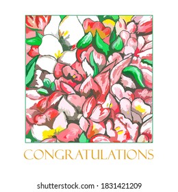 Vector congratulation card with abstract floral pattern in white, red, pink, yellow, green colors