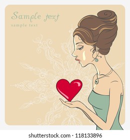 Vector congratulation Card. Girl with Heart. St. Valentine's Day