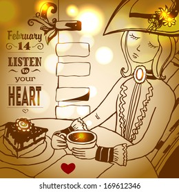 Vector congratulation Card. Girl with Heart. St. Valentine's Day 