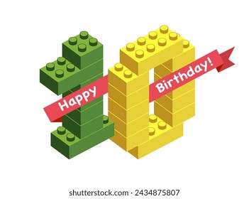 Vector congratulation card. Happy Birthday. Ten (10) years anniversary sign. Number made from construction blocks