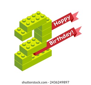 Tarjeta de felicitación vectorial. Feliz cumpleaños. Signo de dos (2) años de aniversario. Número de bloques de construcción
