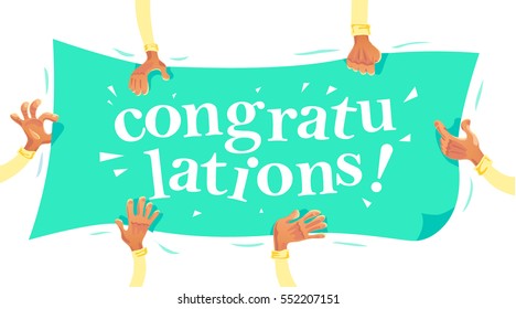 Vector congratulation card with human hands holding greeting banner isolated on white background. Party flayer design. Cartoon style.