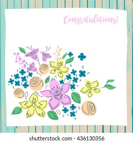 Vector congratulation card  for record date on wood background. Hand drawn illustration party with color flowers.