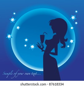 vector congratulation card with silhouette of beautiful woman and dark night sky
