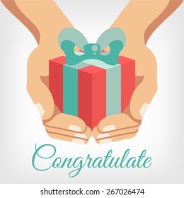 Vector congratulation flat illustration with gift box in hands