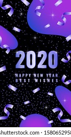 Vector congratulation New Year with Best wishes social media story with violet gradient Christmas serpentine, fluid, stars, glare. Sil Open Font License. Isolated on black background.