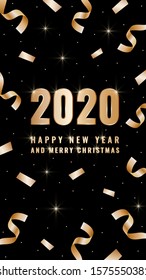Vector congratulation New Year and Merry christmas social media story Creative Background 2020 with gold Christmas serpentine. Sil Open Font License. Isolated on black background.
