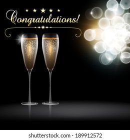 Vector congratulation with a pair glass of champagne, blurred lights in background