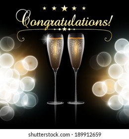 Vector congratulation with a pair glass of champagne, blurred lights in background