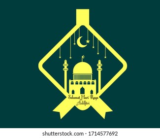 Felicitaciones vectoras a Aidilfitri con mezquitas, media luna y estrellas en forma de diamantes