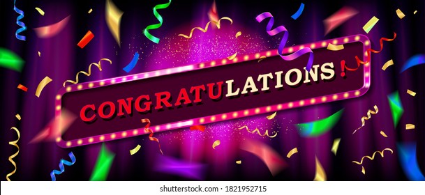 Vector congratulations background with falling confetti. On dark background