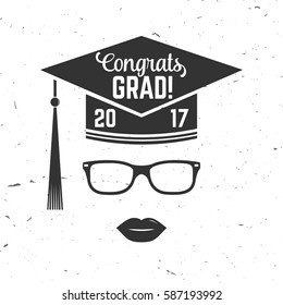 Vector congratulations graduates Class of 2017 badge. Concept for shirt, print, seal, overlay stamp, greeting, invitation card. Typography design. Graduation design with hut and text Class of.