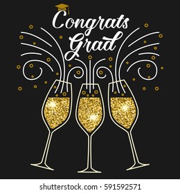 Vector congratulations graduates Class of 2017 badge. Concept for shirt, print, seal, overlay or stamp, greeting, invitation card. Typography design. Graduation design with glass of champagnes.