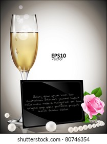 vector congratulatory background, with a strong black card, a glass of white wine, rose and pearls