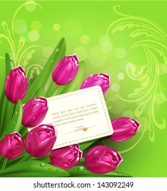 fondo de felicitación vectorial de tulipanes y tarjeta
