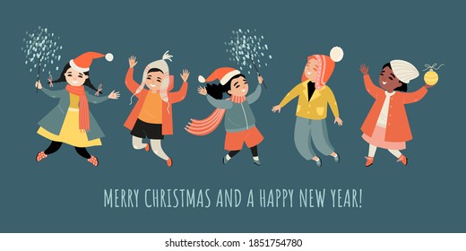 Vector congratulatory banner for Christmas and New Year with cute kids in santa hats with sparklers. Cartoon illustration in flat style