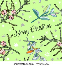Vector conifer twigs, christmas decorative seamless patterns, green nature background