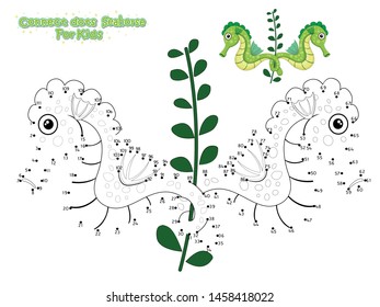 Vector Connect The Dots and Draw Cute Cartoon Seahorse. Educational Game for Kids. Vector Illustration With Cartoon Style Funny Sea Animal