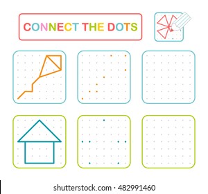 Vector connect the dots. Educational game and preschool exercise task for kids. Simple shapes (house and kite)