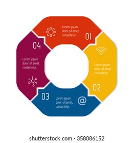 Vector connected arrow infographic diagram. Circular chart with 4 options. Paper progress steps for tutorial. Business concept sequence banner. EPS10 workflow layout with four parts.