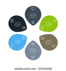 Vector connected flower infographic diagram. Circular chart with 6 options. Paper progress steps for tutorial. Business concept sequence banner. EPS10 workflow layout with six numbered parts.