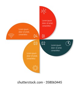 Vector connected flower infographic diagram. Circular chart with 4 options. Paper progress steps for tutorial. Business concept sequence banner. EPS10 workflow layout with four numbered parts.