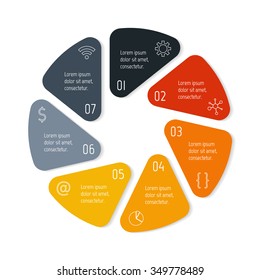 Vector connected infographic diagram. Circular chart with 7 options. Paper progress steps for tutorial. Business concept sequence banner. EPS10 workflow layout with triangle parts and rounded corners.