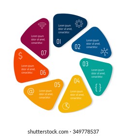 Vector connected infographic diagram. Circular chart with 7 options. Paper progress steps for tutorial. Business concept sequence banner. EPS10 workflow layout with triangle parts and rounded corners.