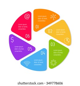 Vector connected infographic diagram. Circular chart with 6 options. Paper progress steps for tutorial. Business concept sequence banner. EPS10 workflow layout with triangle parts and rounded corners.