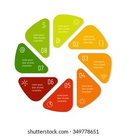 Vector connected infographic diagram. Circular chart with 8 options. Paper progress steps for tutorial. Business concept sequence banner. EPS10 workflow layout with triangle parts and rounded corners.