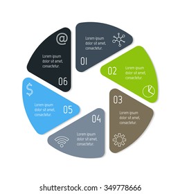 Vector connected infographic diagram. Circular chart with 6 options. Paper progress steps for tutorial. Business concept sequence banner. EPS10 workflow layout with triangle parts and rounded corners.