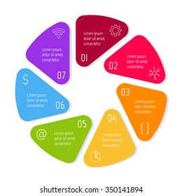 Vector connected infographic diagram. Circular chart with 7 options. Paper progress steps for tutorial. Business concept sequence banner. EPS10 workflow layout with triangle parts and rounded corners.