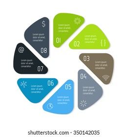 Vector connected infographic diagram. Circular chart with 8 options. Paper progress steps for tutorial. Business concept sequence banner. EPS10 workflow layout with triangle parts and rounded corners.