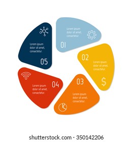 Vector connected infographic diagram. Circular chart with 5 options. Paper progress steps for tutorial. Business concept sequence banner. EPS10 workflow layout with triangle parts and rounded corners.