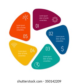 Vector connected infographic diagram. Circular chart with 5 options. Paper progress steps for tutorial. Business concept sequence banner. EPS10 workflow layout with triangle parts and rounded corners.