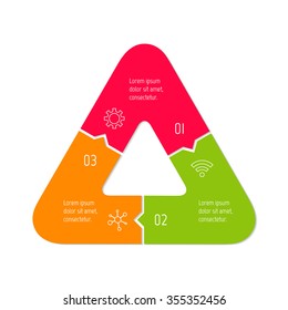 Vector connected infographic diagram. Circular chart with 3 options. Paper progress steps for tutorial. Triangular business concept sequence banner. EPS10 three parts puzzle workflow layout.