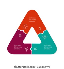 Vector connected infographic diagram. Circular chart with 3 options. Paper progress steps for tutorial. Triangular business concept sequence banner. EPS10 three parts puzzle workflow layout.