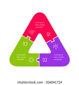 Vector connected infographic diagram. Circular chart with 3 options. Paper progress steps for tutorial. Triangular business concept sequence banner. EPS10 three parts puzzle workflow layout.