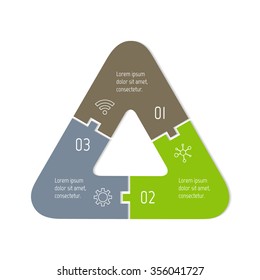 Vector connected infographic diagram. Circular chart with 3 options. Paper progress steps for tutorial. Triangular business concept sequence banner. EPS10 three parts puzzle workflow layout.