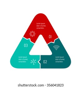 Vector connected infographic diagram. Circular chart with 3 options. Paper progress steps for tutorial. Triangular business concept sequence banner. EPS10 three parts puzzle workflow layout.