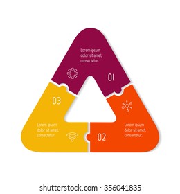 Vector connected infographic diagram. Circular chart with 3 options. Paper progress steps for tutorial. Triangular business concept sequence banner. EPS10 three parts puzzle workflow layout.