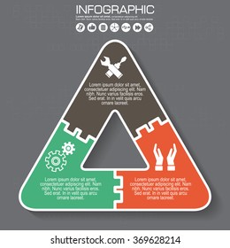 Vector connected infographic diagram. Circular chart with 3 options. Paper progress steps for tutorial. Triangular business concept sequence banner. EPS10 three parts puzzle workflow layout.